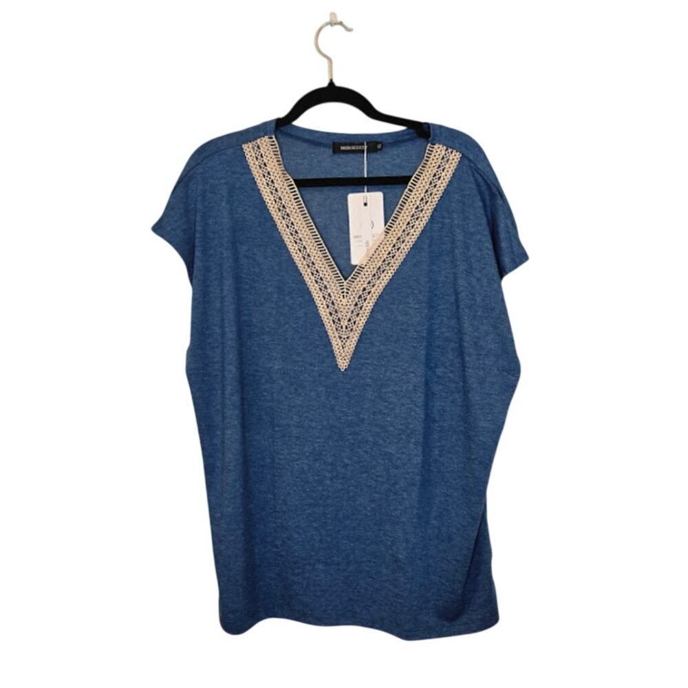 Merokeety NWT Womens Embroidered Top Size XL Blue Bohemian Peasant Preppy Casual
